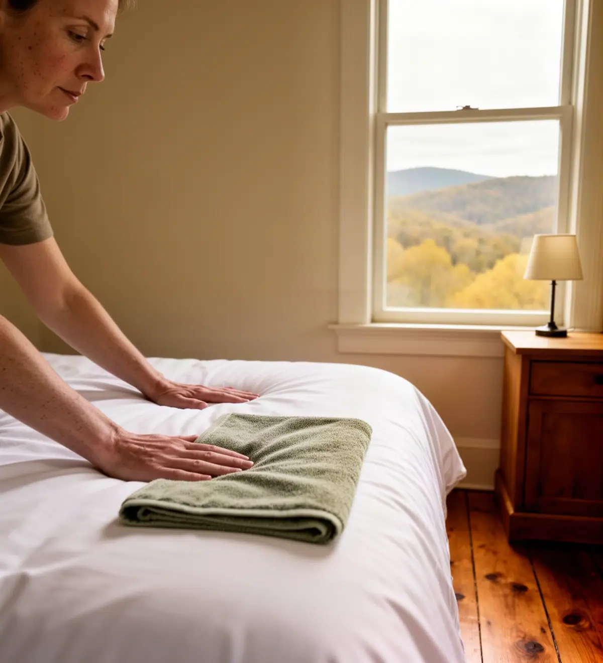 An innkeeper smoothing a crisp white duvet and setting out a folded towel in a guest room.