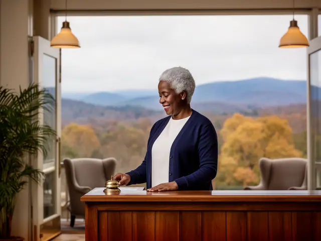 An innkeeper behind the front desk of a small lobby.