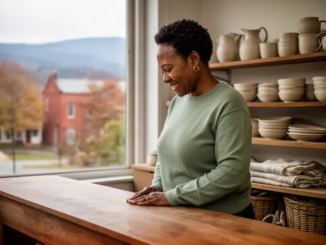 A shop owner behind the counter of a small pottery and home-goods shop.